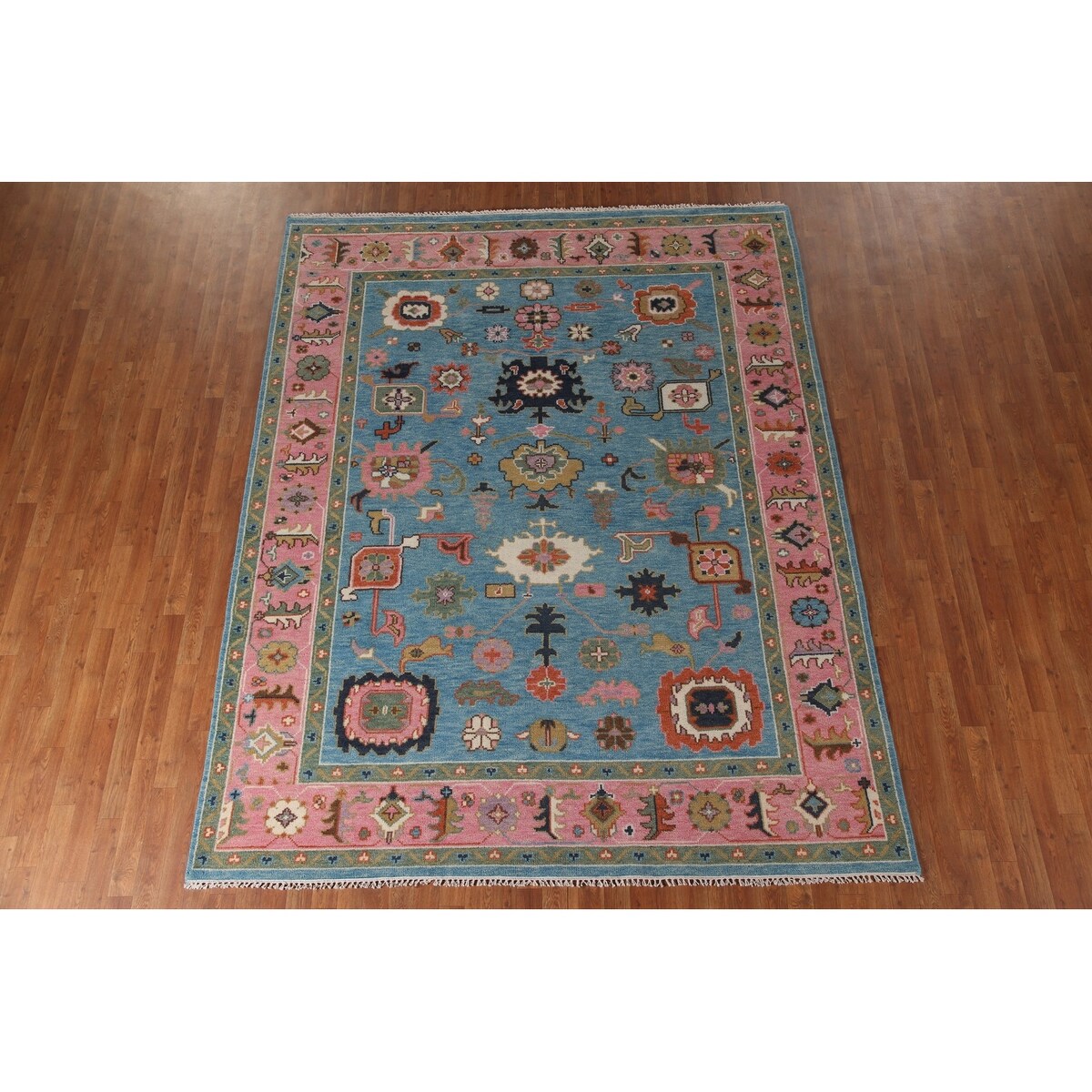 Light Blue & Pink Oushak Oriental Area Rug Wool Carpet - 7'10"x 9'9"