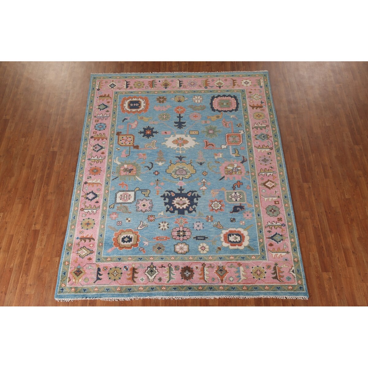 Light Blue & Pink Oushak Oriental Area Rug Wool Carpet - 7'10"x 9'9"