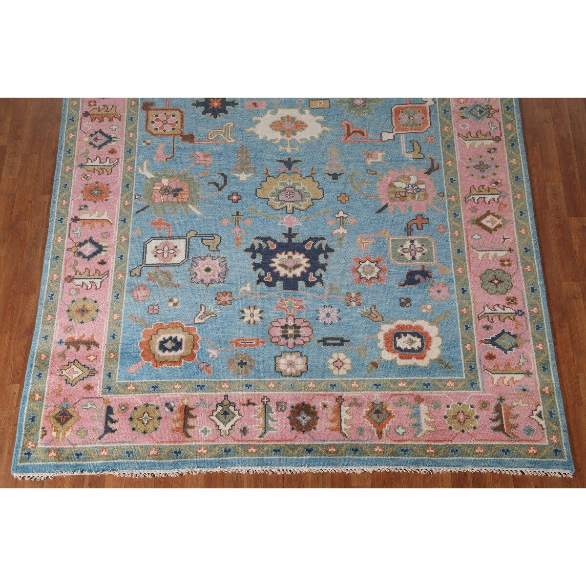 Light Blue & Pink Oushak Oriental Area Rug Wool Carpet - 7'10"x 9'9"