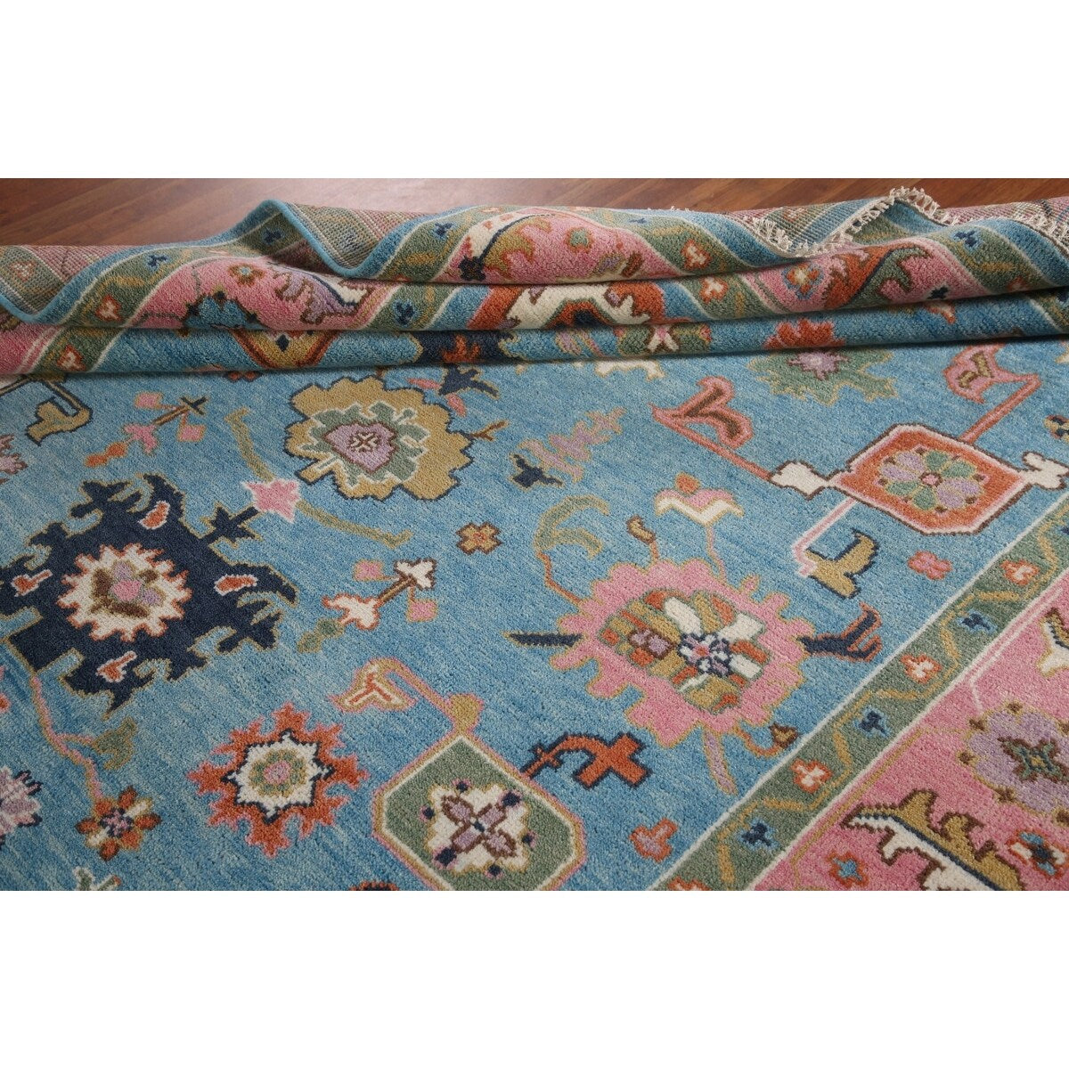 Light Blue & Pink Oushak Oriental Area Rug Wool Carpet - 7'10"x 9'9"