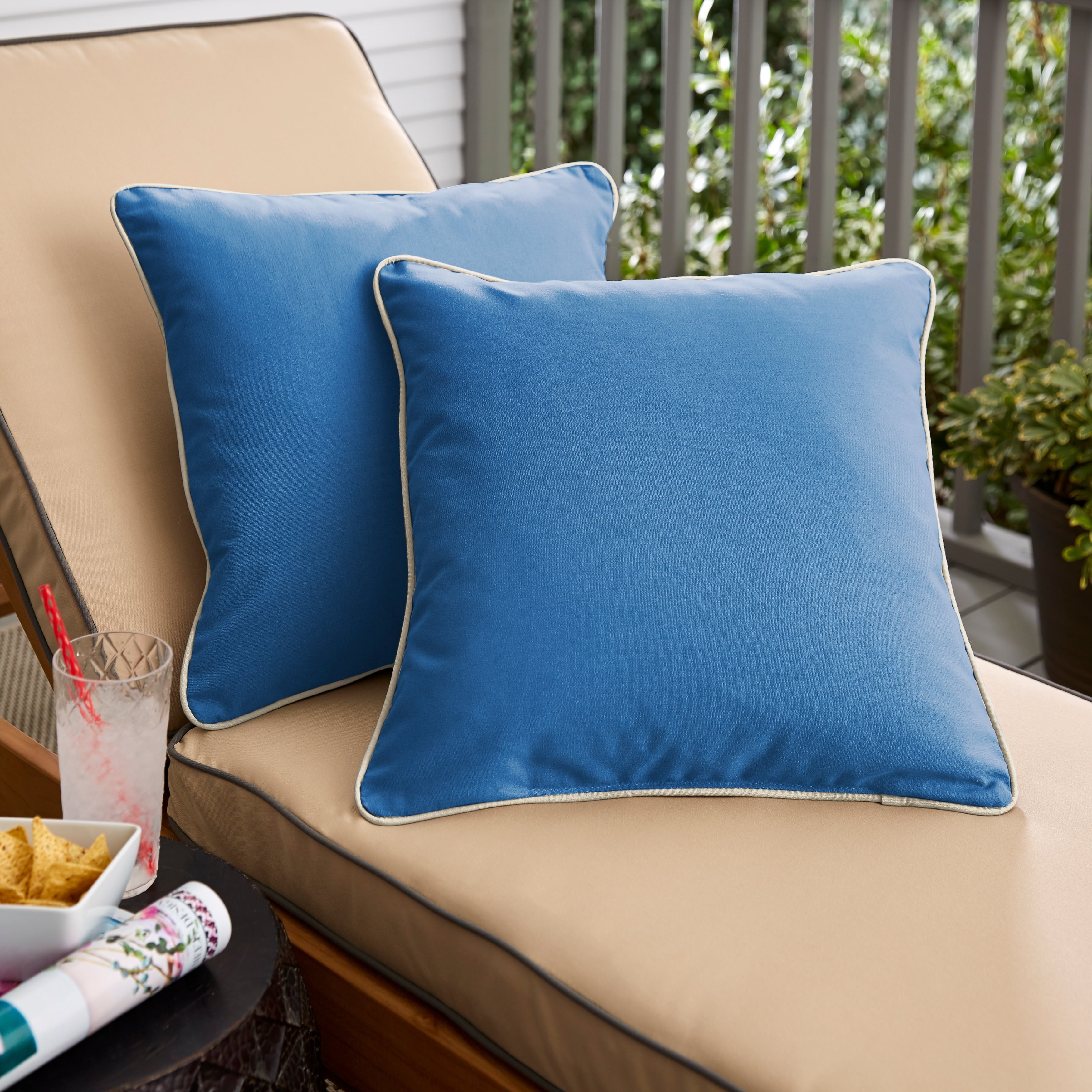 Sunbrella Light Blue with Ivory Corded Indoor Outdoor Pillow Set Set of 2 16 in x 16 in Size 16 x 16 Beige