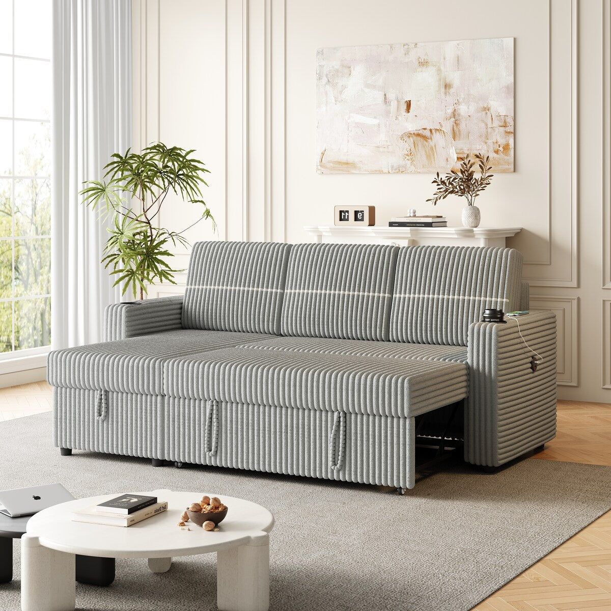Light Gray Corduroy Sofa Bed, 3-Seater Sleeper with Storage Chaise, USB Port