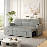 Light Gray Corduroy Sofa Bed, 3-Seater Sleeper with Storage Chaise, USB Port