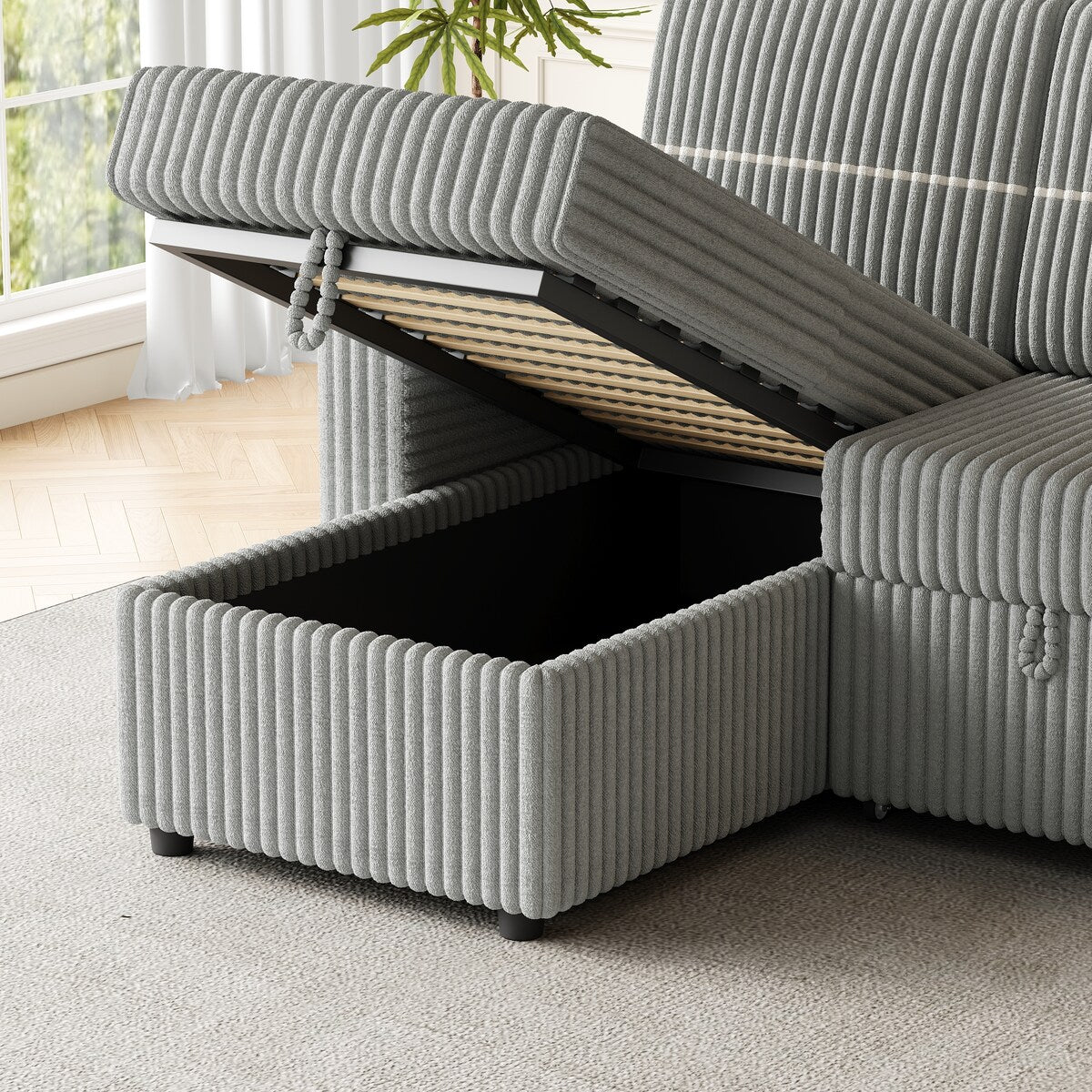 Light Gray Corduroy Sofa Bed, 3-Seater Sleeper with Storage Chaise, USB Port