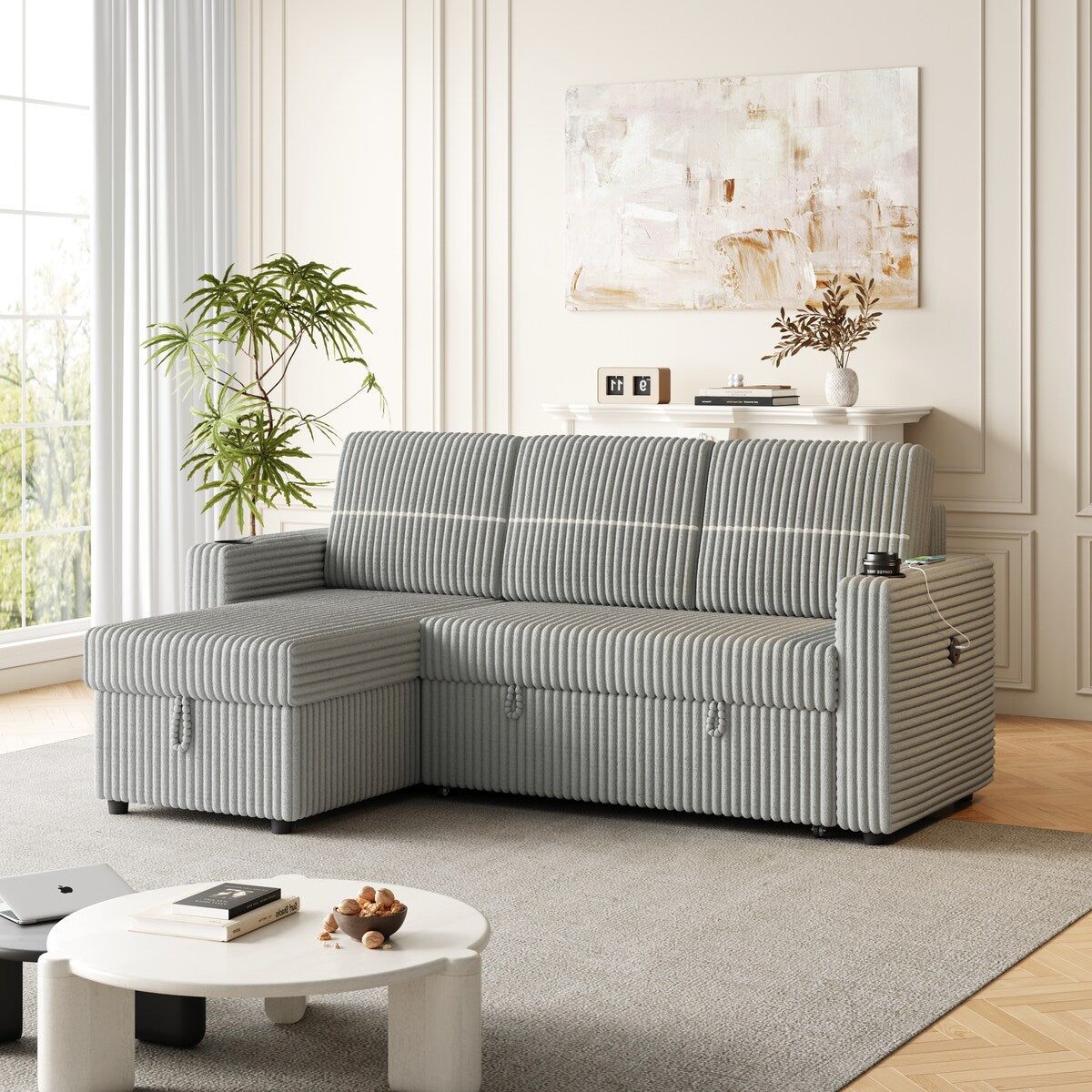 Light Gray Corduroy Sofa Bed, 3-Seater Sleeper with Storage Chaise, USB Port