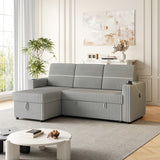Light Gray Corduroy Sofa Bed, 3-Seater Sleeper with Storage Chaise, USB Port