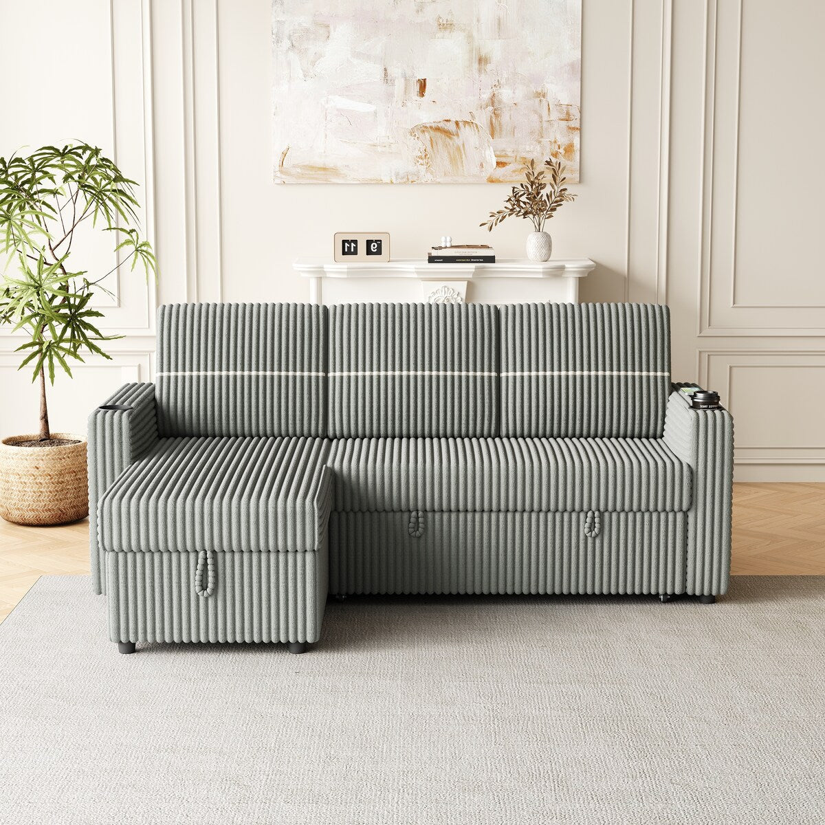Light Gray Corduroy Sofa Bed, 3-Seater Sleeper with Storage Chaise, USB Port