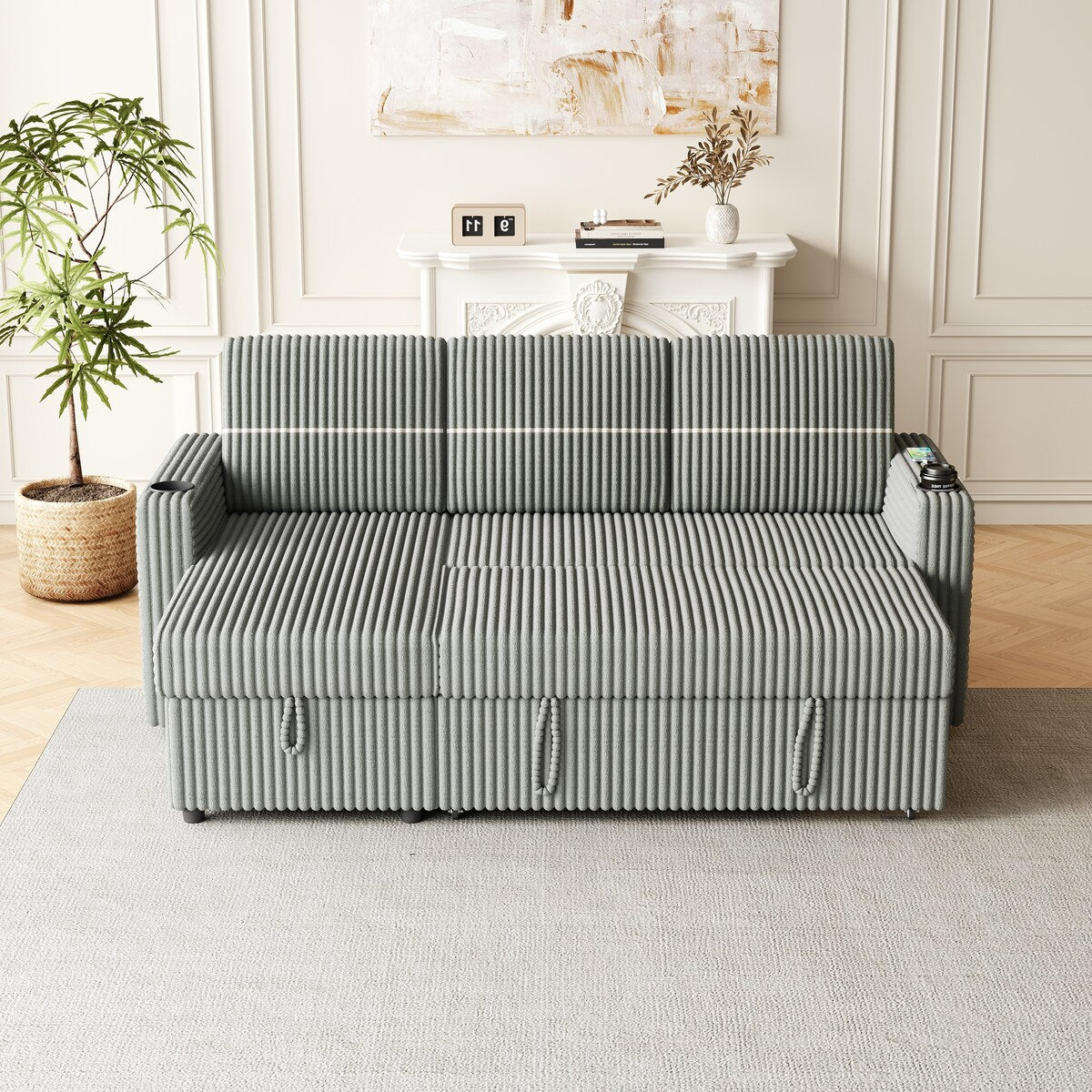 Light Gray Corduroy Sofa Bed, 3-Seater Sleeper with Storage Chaise, USB Port