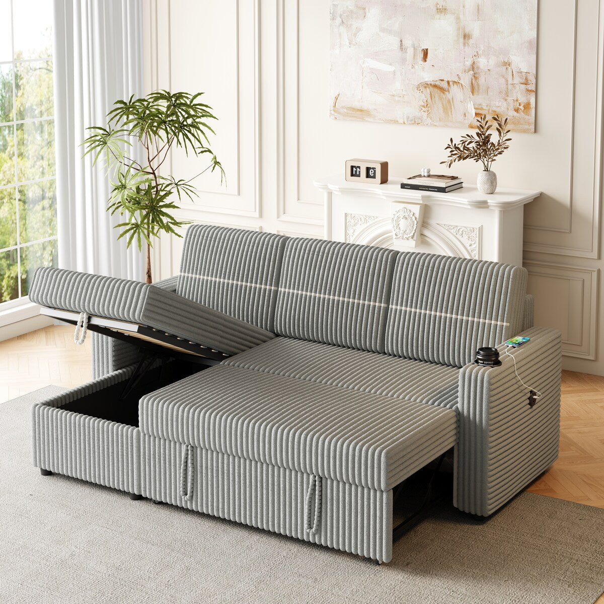 Light Gray Corduroy Sofa Bed, 3-Seater Sleeper with Storage Chaise, USB Port