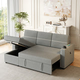 Light Gray Corduroy Sofa Bed, 3-Seater Sleeper with Storage Chaise, USB Port