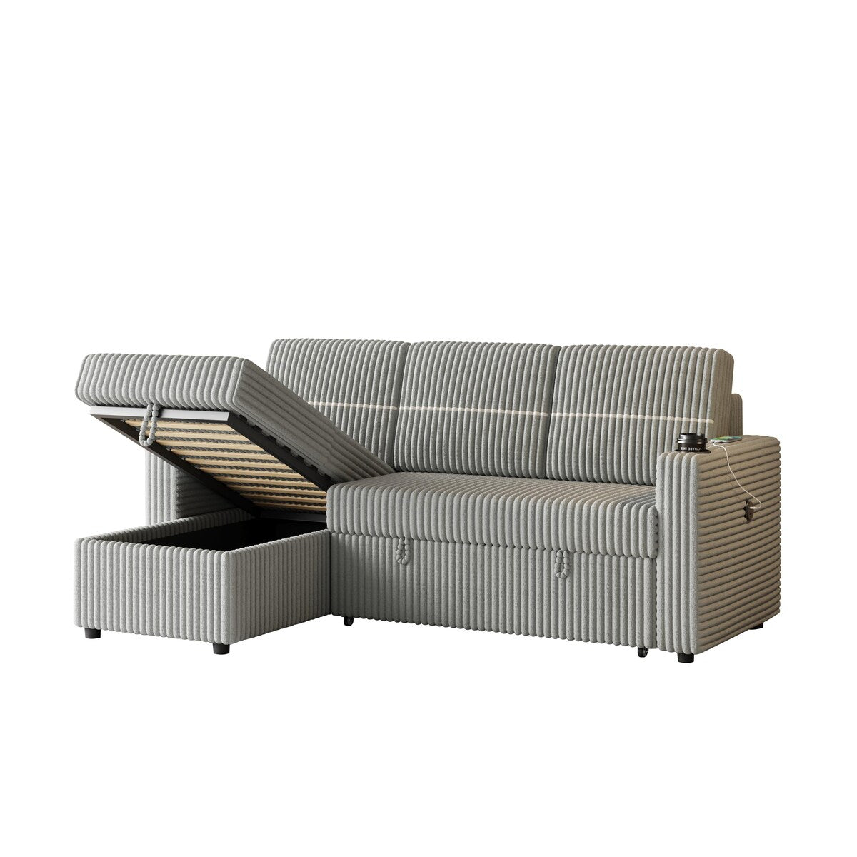 Light Gray Corduroy Sofa Bed, 3-Seater Sleeper with Storage Chaise, USB Port