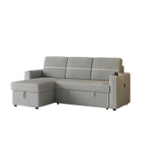 Light Gray Corduroy Sofa Bed, 3-Seater Sleeper with Storage Chaise, USB Port