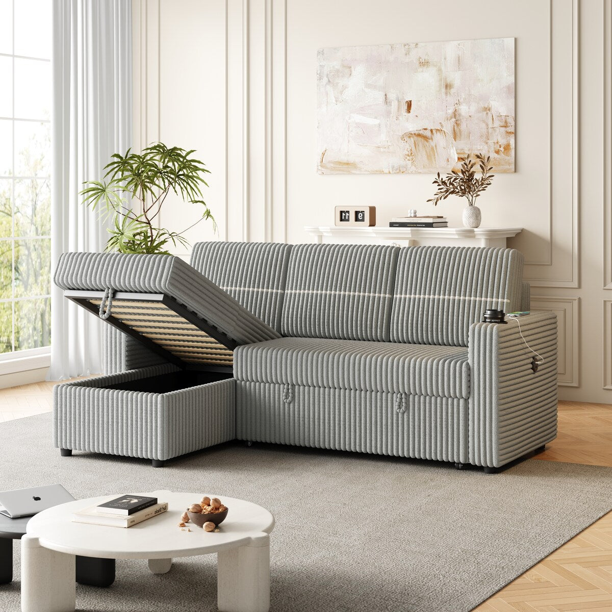 Light Gray Corduroy Sofa Bed, 3-Seater Sleeper with Storage Chaise, USB Port