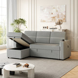 Light Gray Corduroy Sofa Bed, 3-Seater Sleeper with Storage Chaise, USB Port