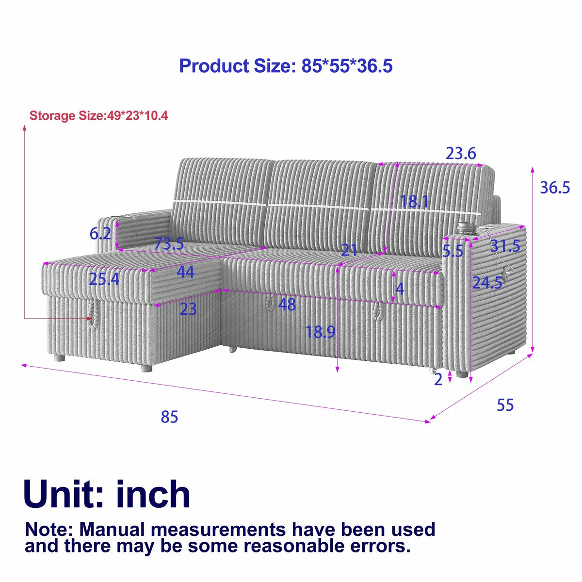 Light Gray Corduroy Sofa Bed, 3-Seater Sleeper with Storage Chaise, USB Port