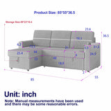 Light Gray Corduroy Sofa Bed, 3-Seater Sleeper with Storage Chaise, USB Port
