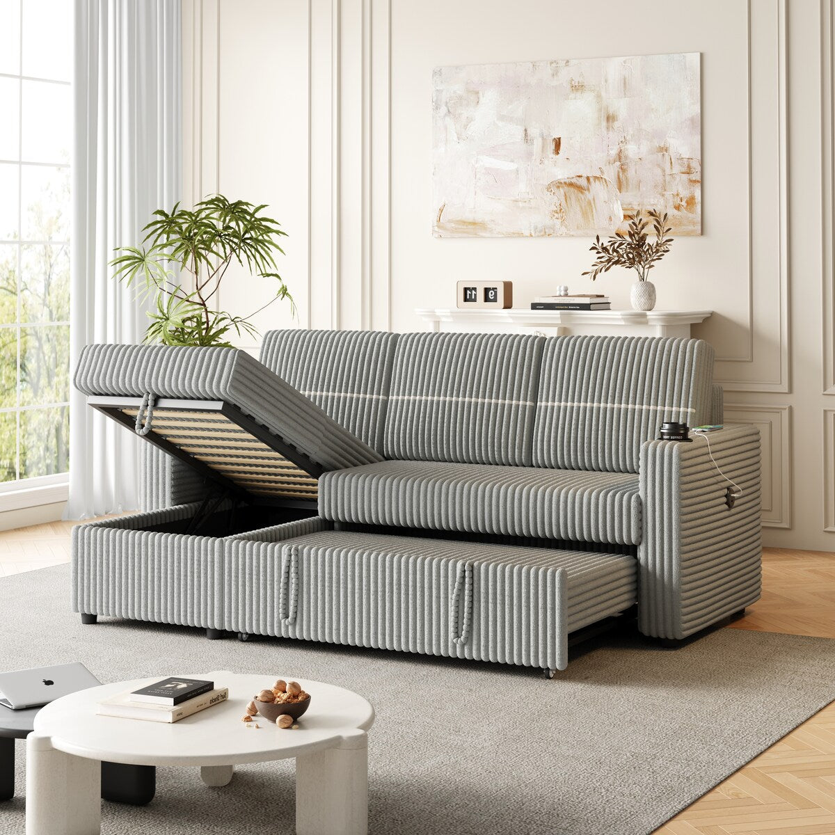 Light Gray Corduroy Sofa Bed, 3-Seater Sleeper with Storage Chaise, USB Port