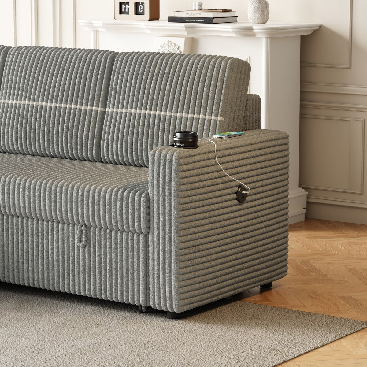 Light Gray Corduroy Sofa Bed, 3-Seater Sleeper with Storage Chaise, USB Port