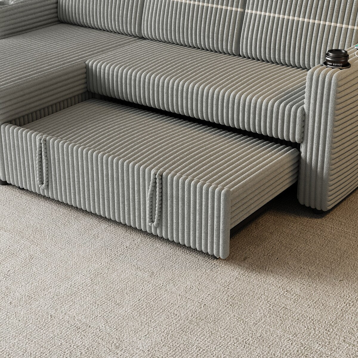 Light Gray Corduroy Sofa Bed, 3-Seater Sleeper with Storage Chaise, USB Port