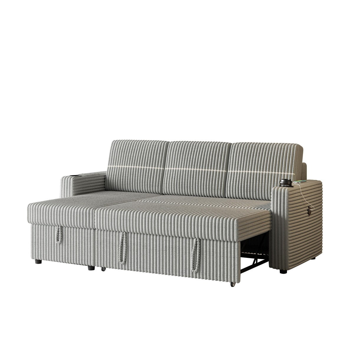 Light Gray Corduroy Sofa Bed, 3-Seater Sleeper with Storage Chaise, USB Port