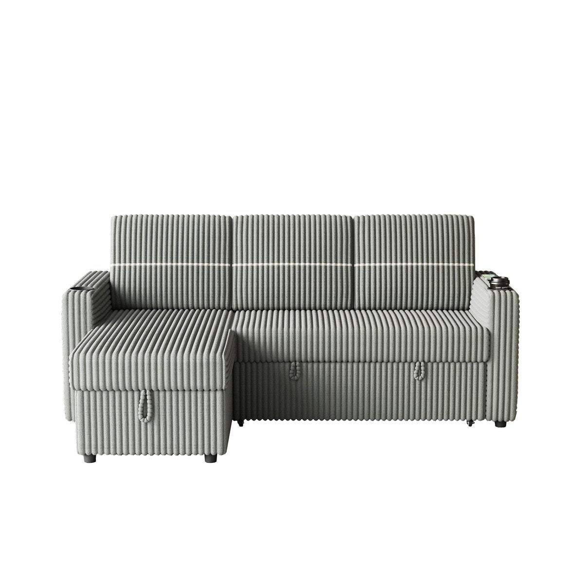 Light Gray Corduroy Sofa Bed, 3-Seater Sleeper with Storage Chaise, USB Port