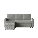 Light Gray Corduroy Sofa Bed, 3-Seater Sleeper with Storage Chaise, USB Port