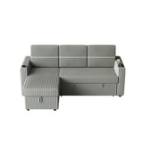 Light Gray Corduroy Sofa Bed, 3-Seater Sleeper with Storage Chaise, USB Port