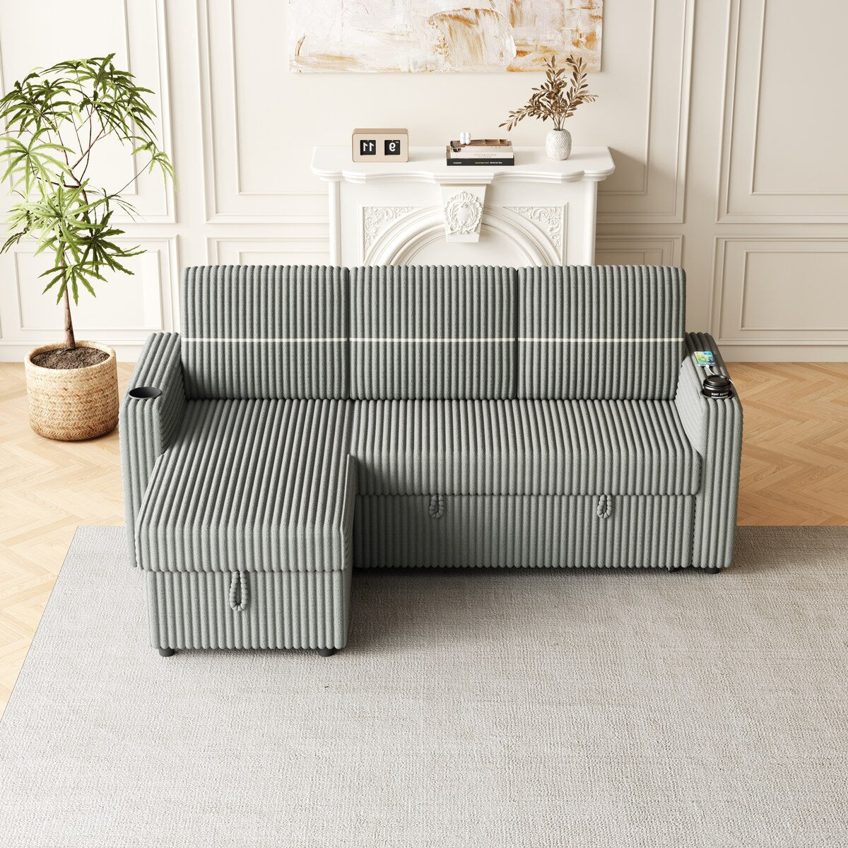 Light Gray Corduroy Sofa Bed, 3-Seater Sleeper with Storage Chaise, USB Port