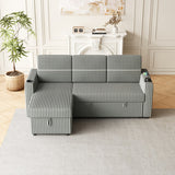 Light Gray Corduroy Sofa Bed, 3-Seater Sleeper with Storage Chaise, USB Port