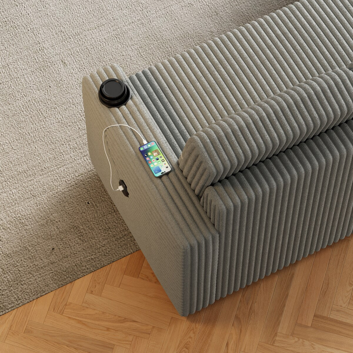 Light Gray Corduroy Sofa Bed, 3-Seater Sleeper with Storage Chaise, USB Port