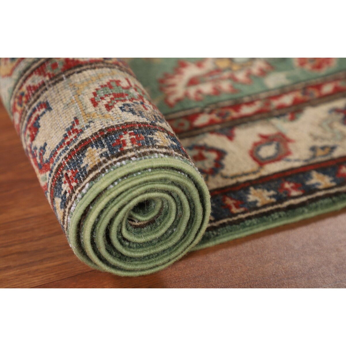 Light Green Kazak Runner Rug Handmade Oriental Wool Carpet - 2'1" x 5'11"