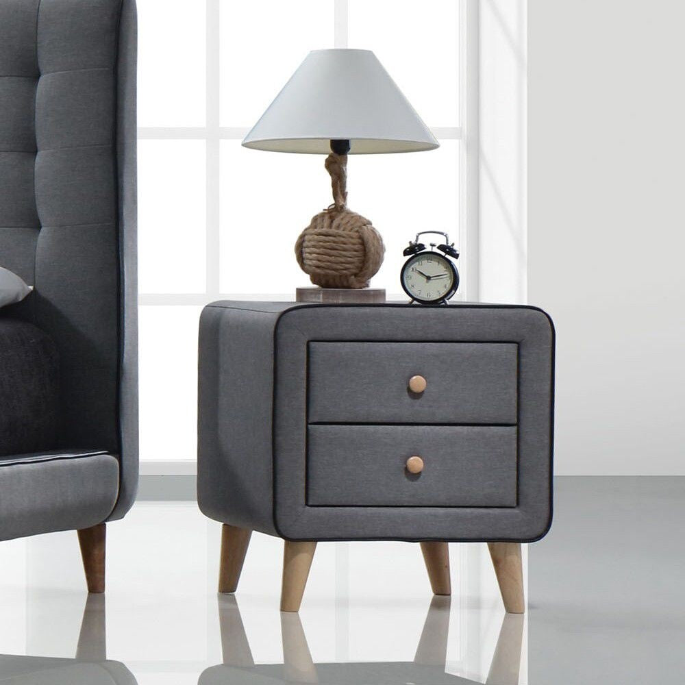Light Grey Fabric Nightstand Side Tables Black Welt Trim Fabric Bedside Table with 2 Drawers and Wood Legs Bedside Cupboard