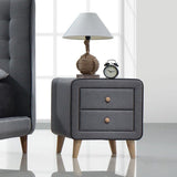 Light Grey Fabric Nightstand Side Tables Black Welt Trim Fabric Bedside Table with 2 Drawers and Wood Legs Bedside Cupboard