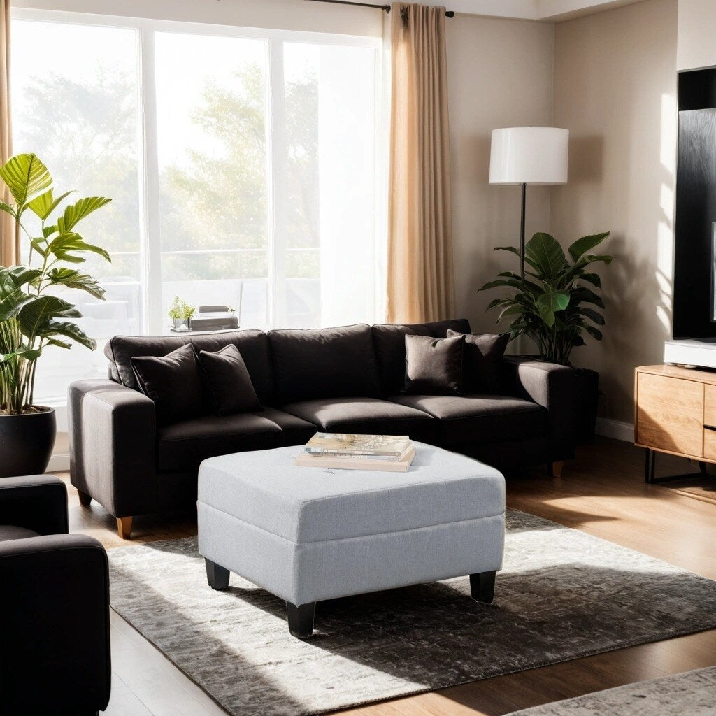 Light Grey Fabric Ottoman with Tufted Cushion and Tapered Birch Wood Legs, 28.5-Inch Footstool, Extra Seating or Side Table