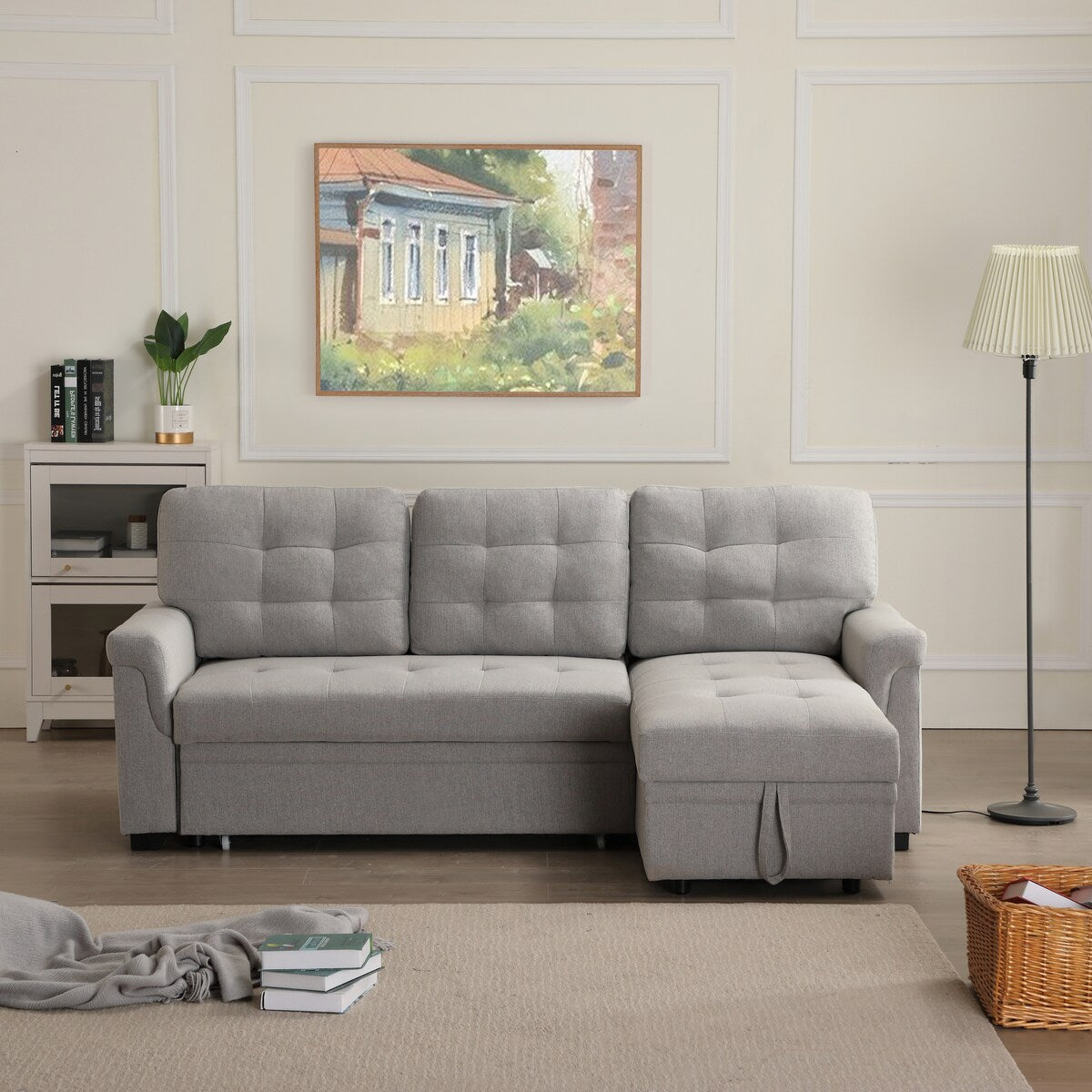 Light Grey Polyester Upholstered Reversible Sleeper Modular Sofa with
