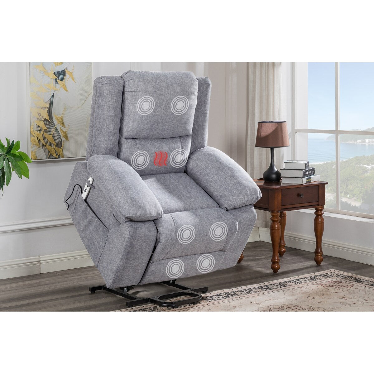 Light Grey Velvet Power Lift Recliner Chair with 8 Massage Points, Lumbar Heating, Storage Pocket