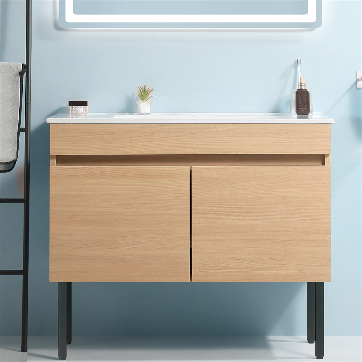 Light Oak Bathroom Vanity with White Ceramic Basin
