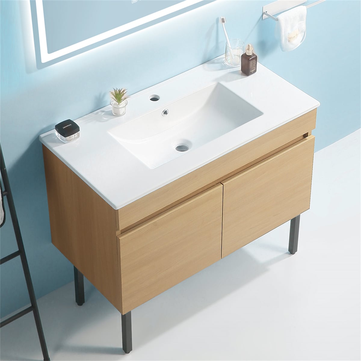 Light Oak Bathroom Vanity with White Ceramic Basin