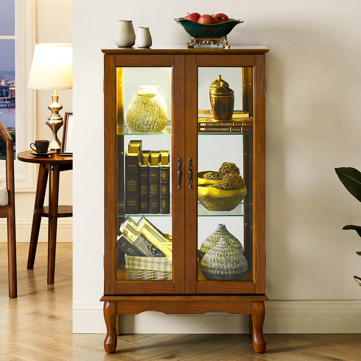 Lighted Curio Display Cabinet with Adjustable Shelves and Mirrored Back Panel