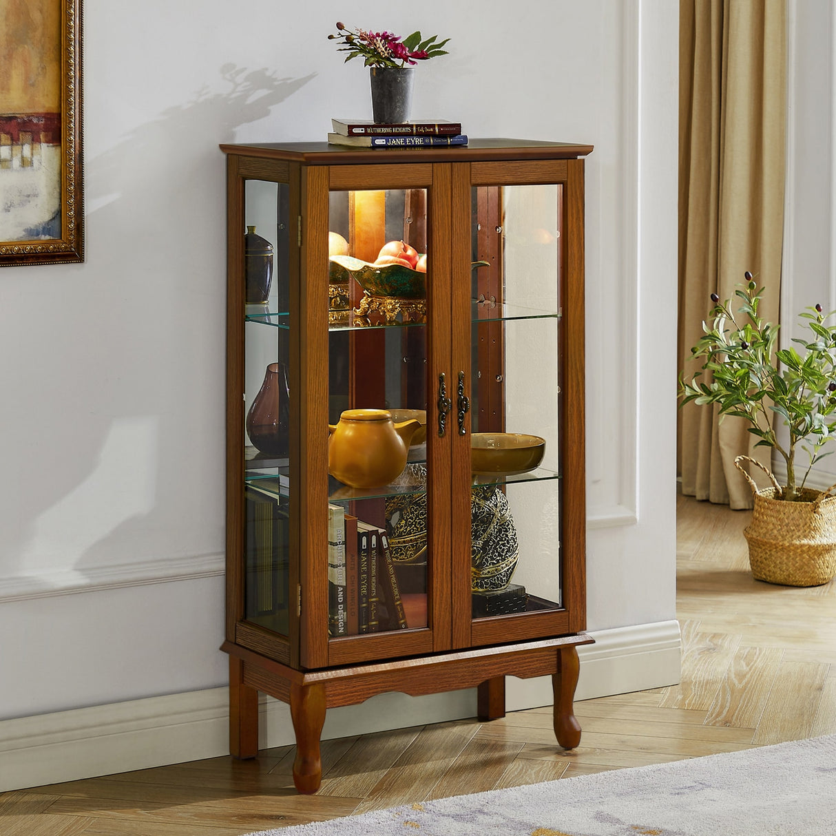 Lighted Curio Display Cabinet with Adjustable Shelves and Mirrored Back Panel