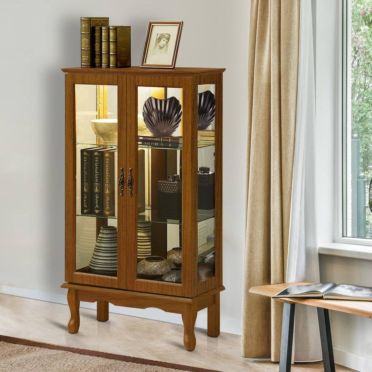 Lighted Curio Display Cabinet with Adjustable Shelves and Mirrored Back Panel