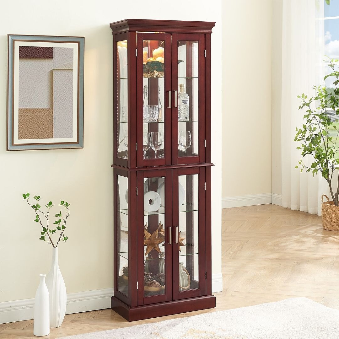 Lighted Curio Display Cabinet: Adjustable Shelves, Mirrored Back, Tempered Glass Doors (6 Tier)