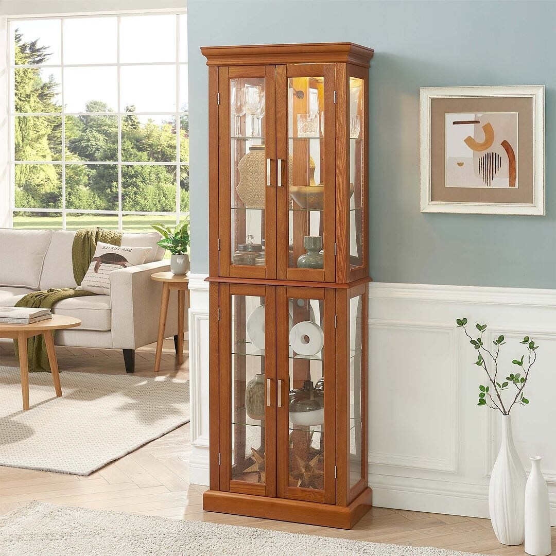Lighted Curio Display Cabinet: Adjustable Shelves, Mirrored Back, Tempered Glass Doors (6 Tier)