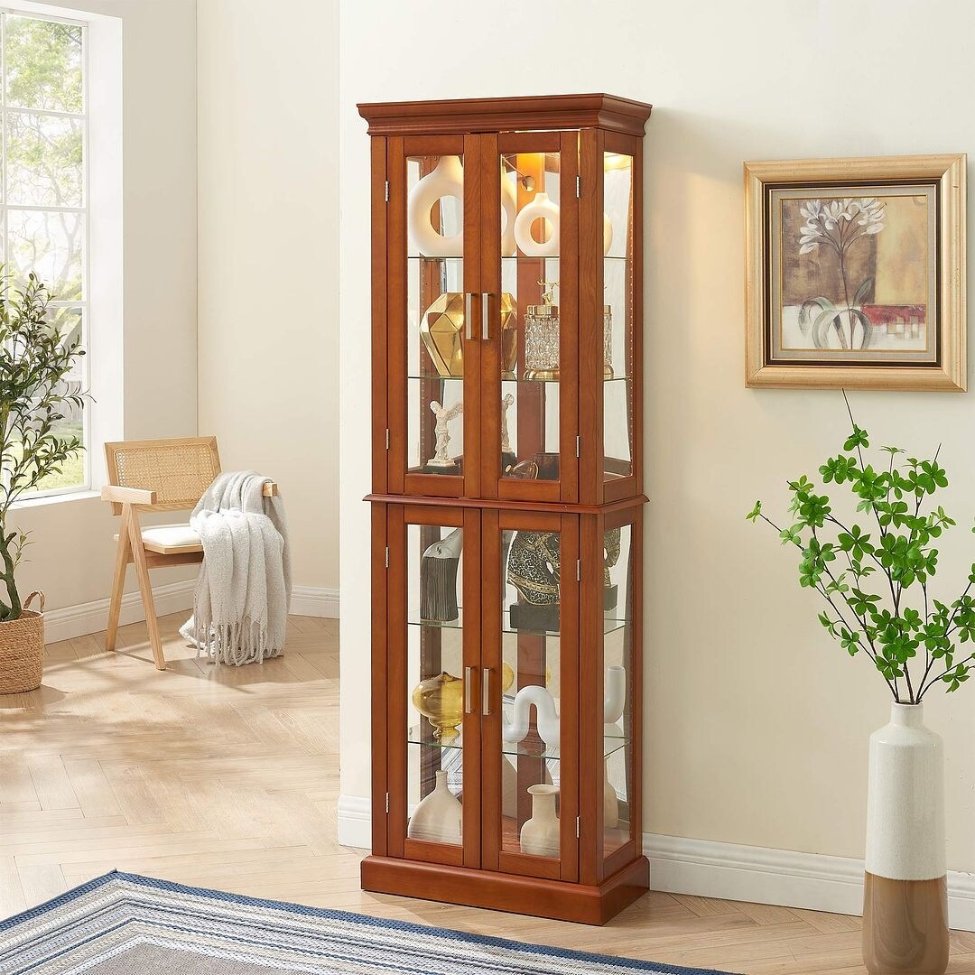 Lighted Curio Display Cabinet: Adjustable Shelves, Mirrored Back, Tempered Glass Doors (6 Tier)