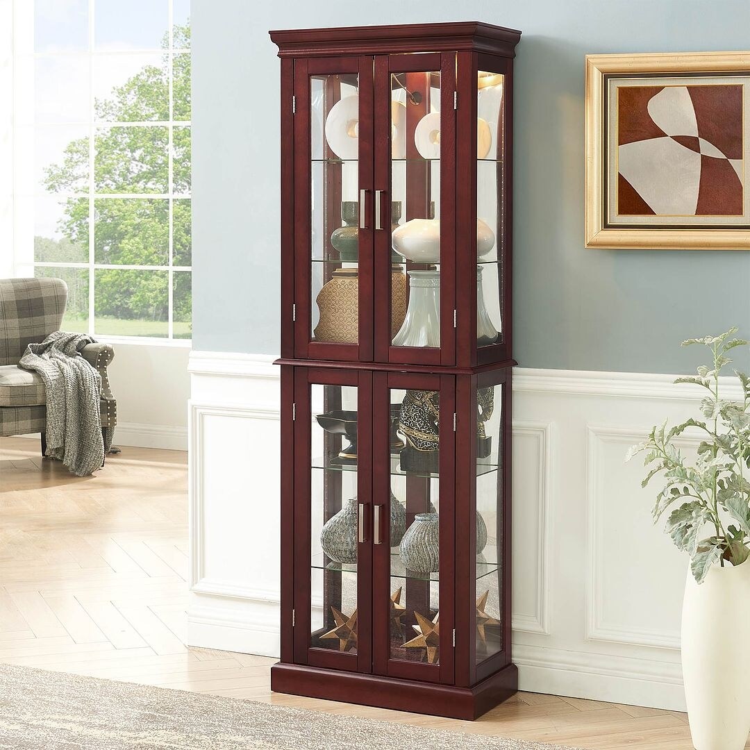 Lighted Curio Display Cabinet: Adjustable Shelves, Mirrored Back, Tempered Glass Doors (6 Tier)