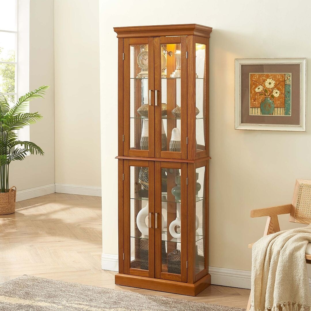 Lighted Curio Display Cabinet: Adjustable Shelves, Mirrored Back, Tempered Glass Doors (6 Tier)