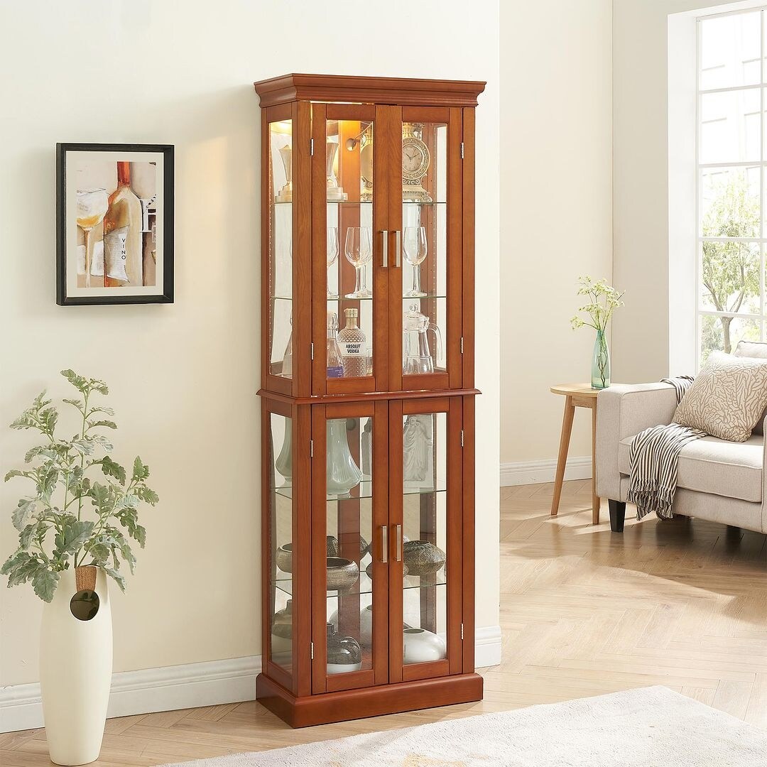 Lighted Curio Display Cabinet: Adjustable Shelves, Mirrored Back, Tempered Glass Doors (6 Tier)