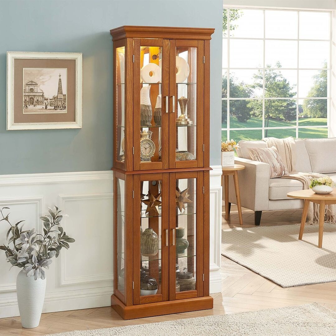Lighted Curio Display Cabinet: Adjustable Shelves, Mirrored Back, Tempered Glass Doors (6 Tier)