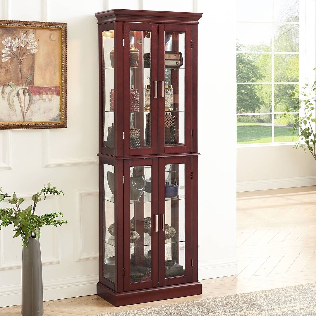 Lighted Curio Display Cabinet: Adjustable Shelves, Mirrored Back, Tempered Glass Doors (6 Tier)