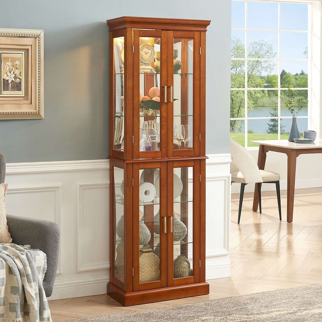 Lighted Curio Display Cabinet: Adjustable Shelves, Mirrored Back, Tempered Glass Doors (6 Tier)